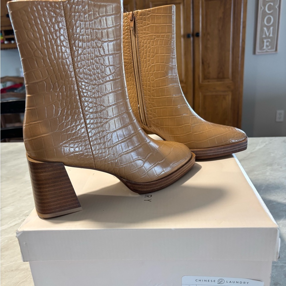 Chinese Laundry Croc-Embossed Tan Heeled Ankle Boots